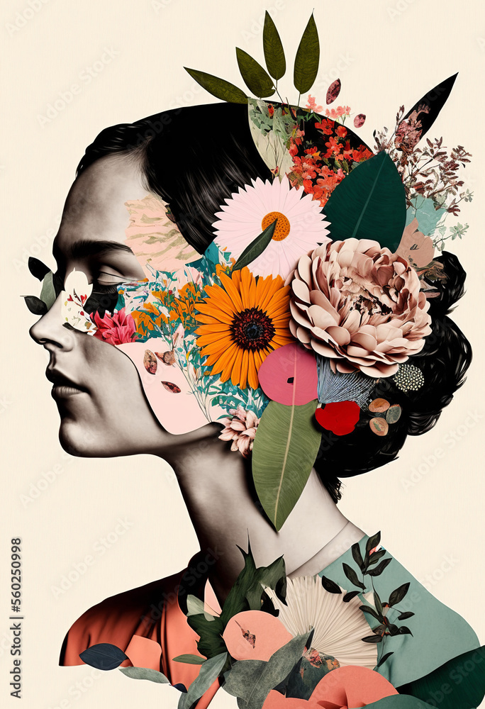 Portrait of a woman with lots of flowers. Abstract trendy art paper collage design. Generative ai - obrazy, fototapety, plakaty 