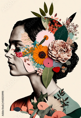 Portrait of a woman with lots of flowers. Abstract trendy art paper collage design. Generative ai
