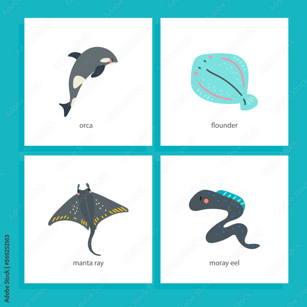 set of undersea animals flat vector, flounder, manta ray, moray eel, orca, 