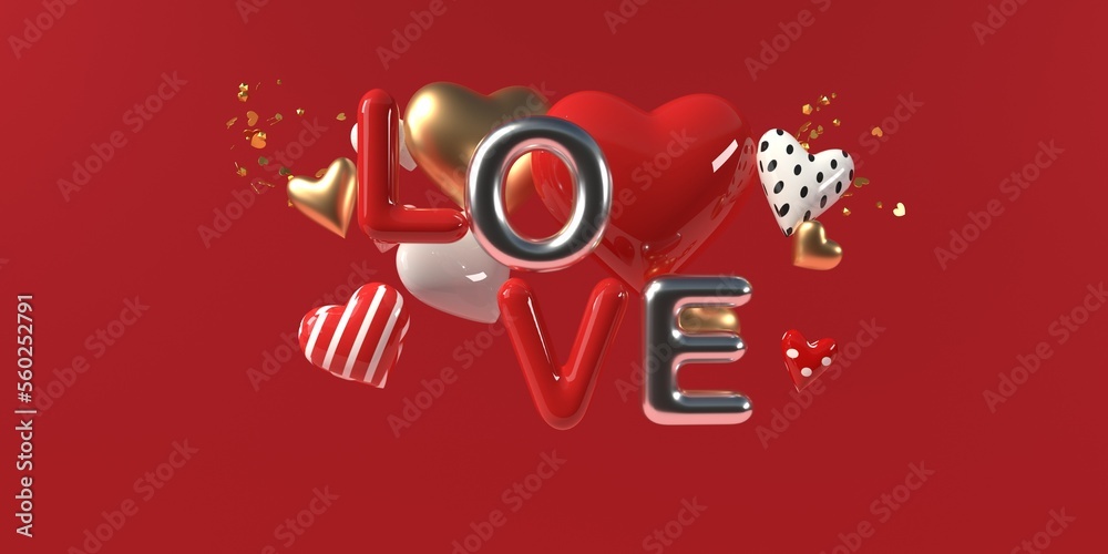 Valentines Day theme with hearts and LOVE text - 3D render