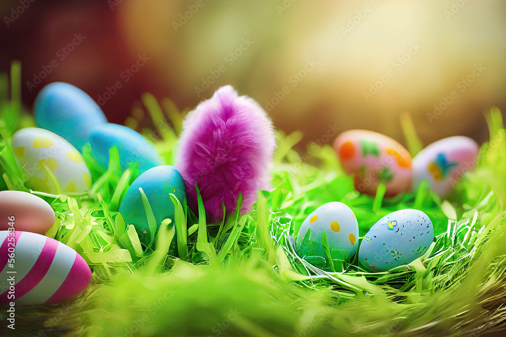  Foto zu Osterhase Hase Ostern Osternest bunte Eier gefärbte Eier Symbol Kultur 