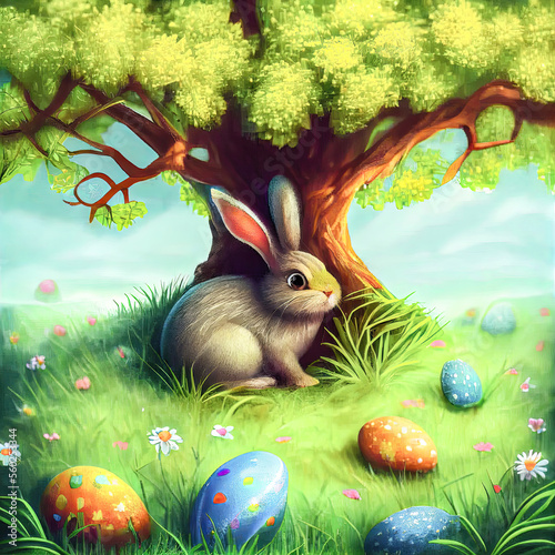 Osterhase Hase Ostern Osternest bunte Eier gefärbte Eier Symbol Kultur Frühling Natur Grafik Card Karte Cover Background Generative AI Digital Art Illustration photo