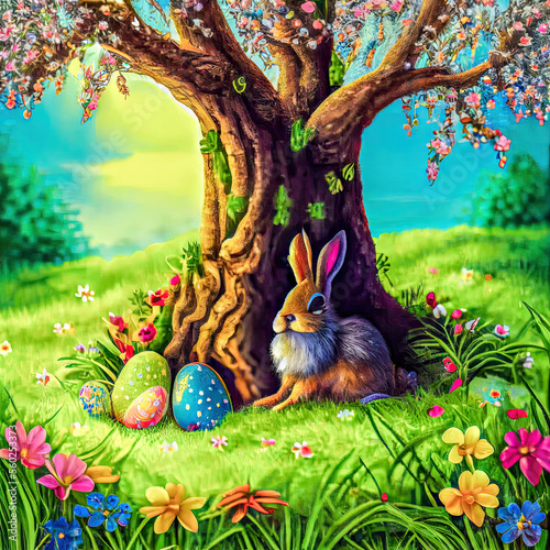 Osterhase Hase Ostern Osternest bunte Eier gefärbte Eier Symbol Kultur Frühling Natur Grafik Card Karte Cover Background Generative AI Digital Art Illustration photo