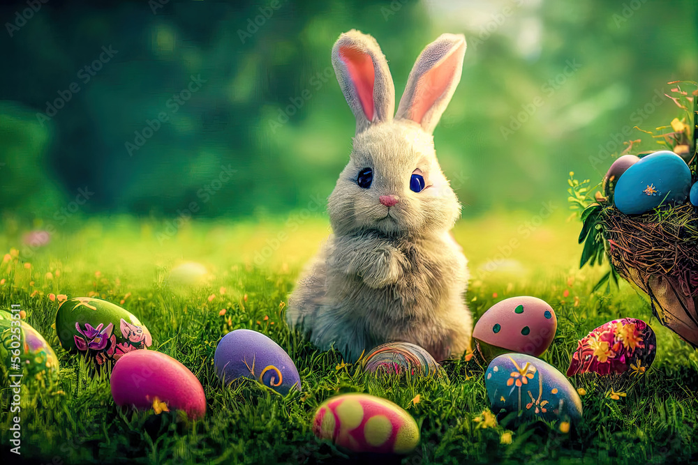 Osterhase Hase Ostern Osternest bunte Eier gefärbte Eier Symbol Kultur ...