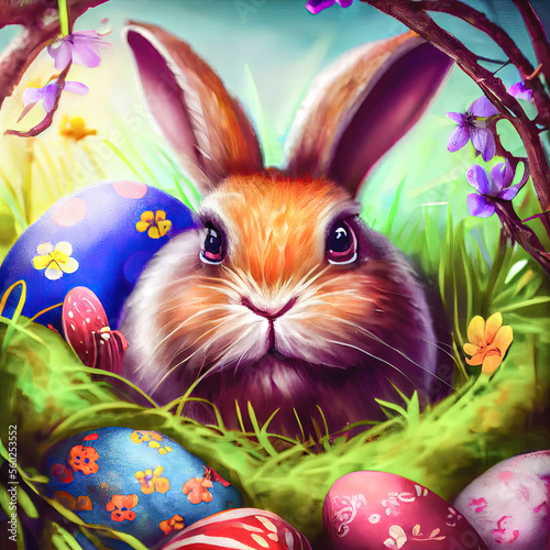 Osterhase Hase Ostern Osternest bunte Eier gefärbte Eier Symbol Kultur Frühling Natur Grafik Card Karte Cover Background Generative AI Digital Art Illustration photo