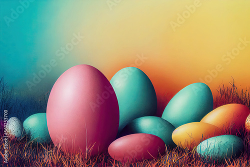 Osterhase Hase Ostern Osternest bunte Eier gefärbte Eier Symbol Kultur Frühling Natur Grafik Card Karte Cover Background Generative AI Digital Art Illustration photo