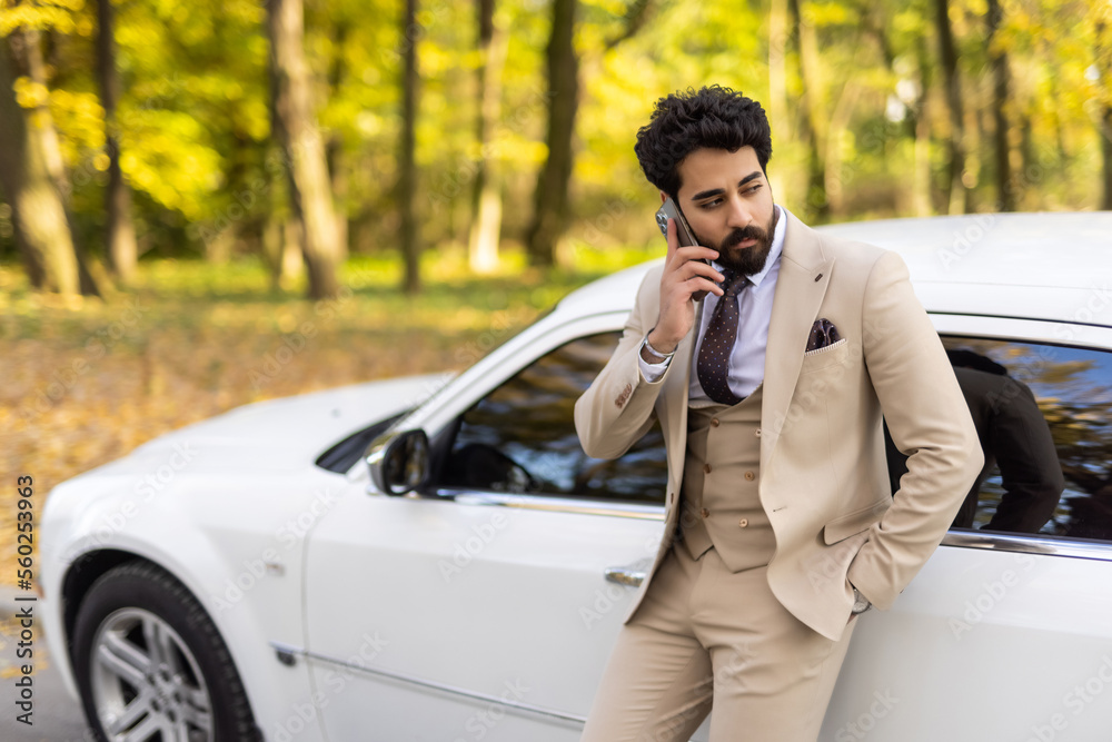 Young arab businessman talking on phone near car