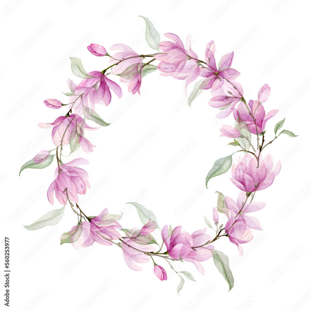 Watercolor Wreath with pink Flowers and green leaves. Hand drawn illustration of circle frame with Magnolia or Rose on isolated background. Botanical border for greeting cards or wedding invitations.
