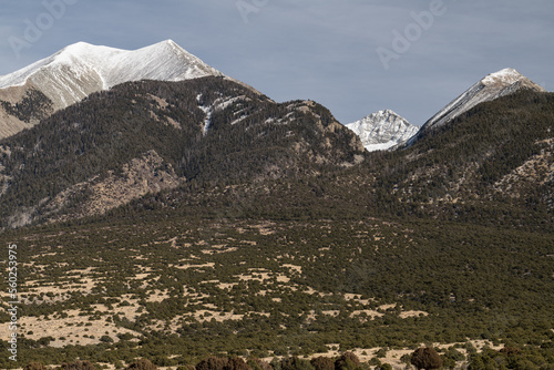 Snow Capped 13,580 Foot Twin Peaks and 14,042 Foot Ellingwood  Point with a long alluvial fan that spreads out into the San Luis Valley.
 photo
