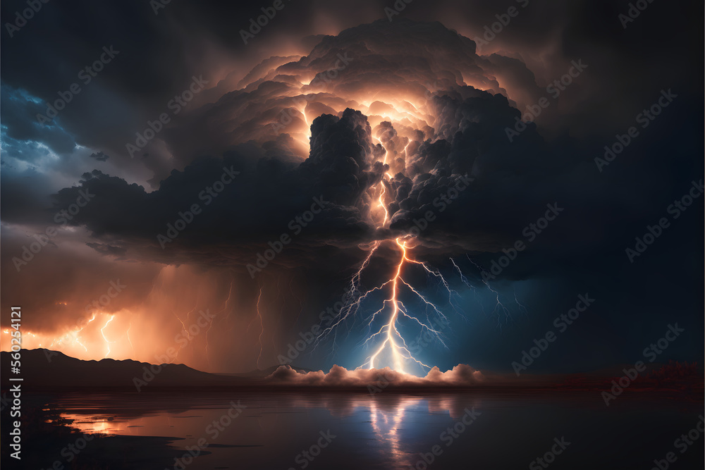 massive thunderstorm with lightnin, reflection in the sea, Generative AI