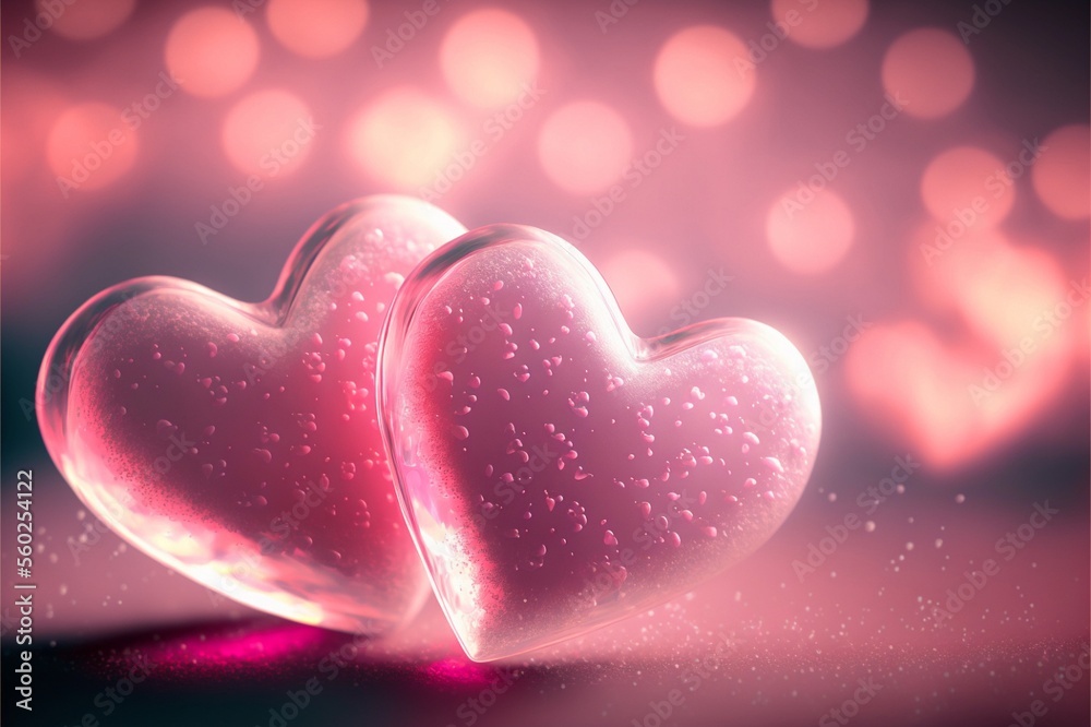Obraz premium Close up jelly pink hearts on a pink white bokeh lights abstract background 3 - the perfect valentine's day symbol, concept, postcard, banner, glitters, copy text space, pop soft style, generative ai