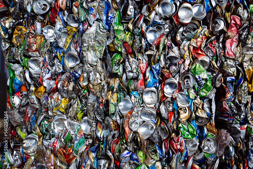 Stacks of garbage. Pressed and packed aluminum cans