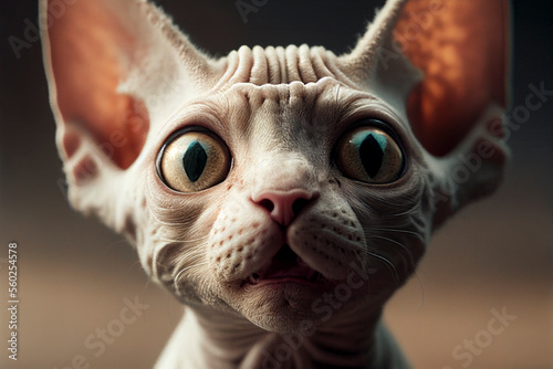 Close-up portrait of an adorable and surprised white hairless sphinx kitten, Generative AI