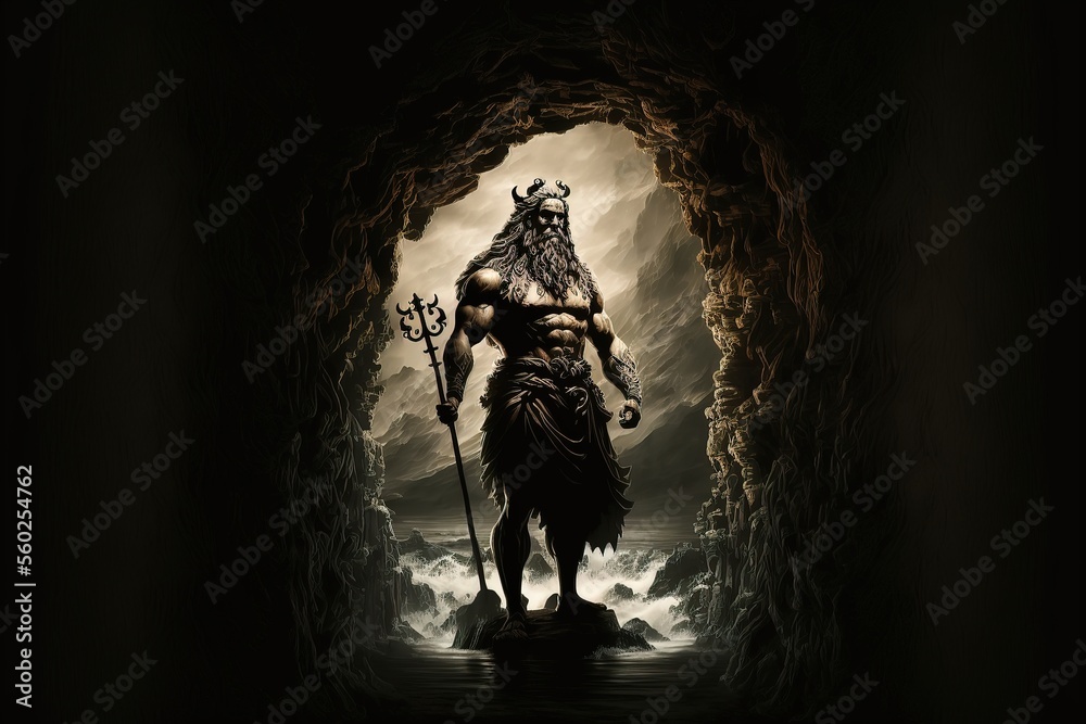 The Greek mystical god Hades stands in full growth in a cave. King of the underworld, god of the