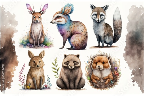 Animal set hedgehog  fox  squirrel  deer  hare  owl  raccoon  bear in watercolor style. AI