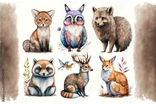 Animal set hedgehog, fox, squirrel, deer, hare, owl, raccoon, bear in watercolor style. AI