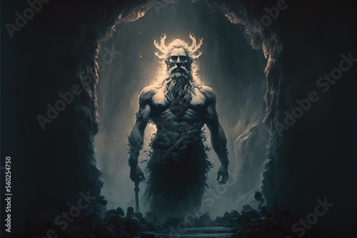The Greek mystical god Hades stands in full growth in a cave. King of the underworld, god of the dead and riches. AI photo