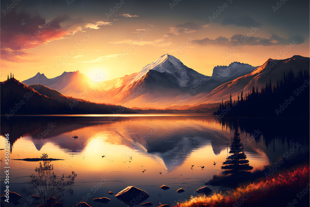 Majestic Sunrise/Sunset: A Mountain Landscape in the Horizon, Generative AI