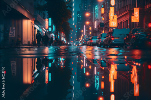 A Glowing City: Reflections of Neon Lights on a Street at Night, Generative AI