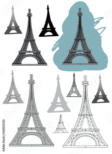 Eiffel Tower Paris France separate elements in different styles separately on a white background. Architecture sketch line drawing. hand drawn