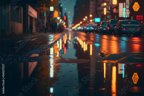 City Lights at Night: A Neon-lit Street Reflected, Generative AI © Forge Spirit