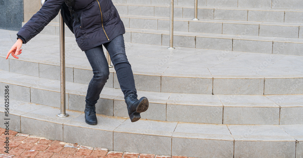 Falling Woman on Slippery Stairs, Icy Steps Fell, Unsafe Wet Steps, Slippery Stairs Problem