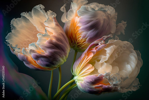 Generative AI Illustration of beautiful wispy tulip style flowers with lovely background and pastel colors