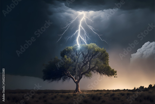 A Blast of Energy: A Lightning Bolt hitting a Tall Tree, Generative AI