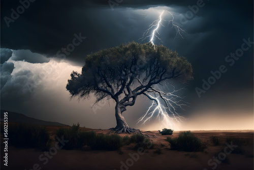 Electricity in Nature: A Lightning Bolt Strikes a Tree, Generative AI