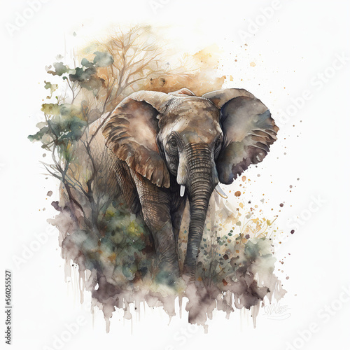 Generative AI Illustration of watercolour painting of male elephant in jungle landscape with beautiful colors