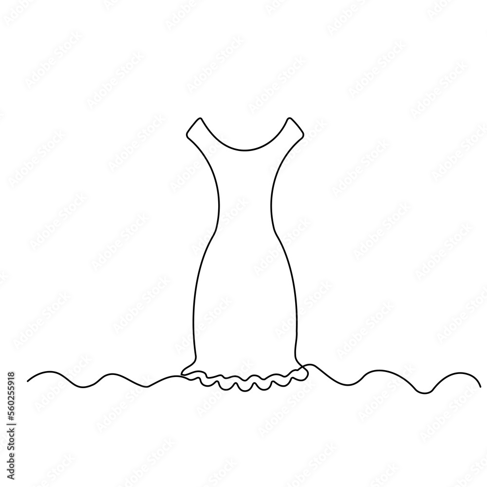 One Line Drawing Dress, Continuous Line Woman Clothes, Single Outline Beauty Gown Drawing, Woman Dress