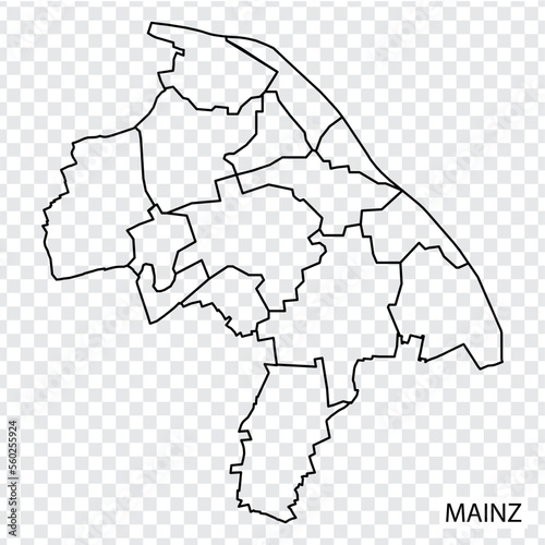 High Quality map of Mainz is a city The Germany, with borders of the districts. Map of Mainz for your web site design, app, UI. EPS10.