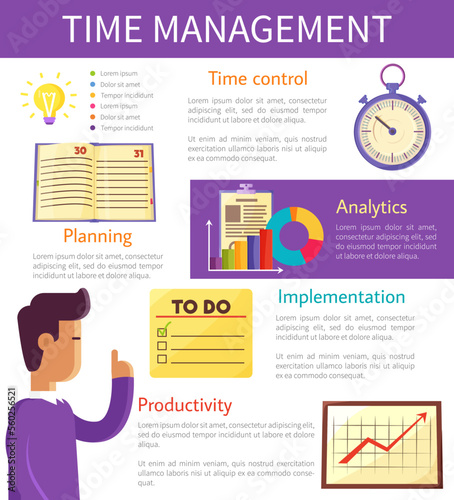 Techniques and methods for time management, increase efficiency of its use concept. Efficient use of worktime for implementation of business plan, productivity. Self-organization and self-management