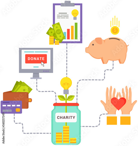 Charity help campaign for social awareness. Generous community. Financial support concept. Donation jar collecting coins, hands donating money for charity. Volunteers collecting charitable givings