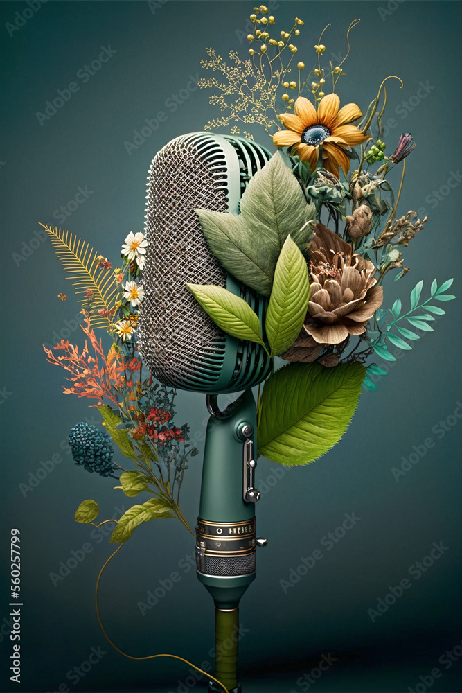 Concepto de música y radio. Micrófono retro decorado con flores de colores. Cartel para eventos de música en vivo y karaoke. IA generada - obrazy, fototapety, plakaty 
