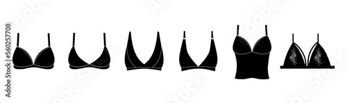 A set of women's underwear. White background. Black bras for every taste and look. Icons. Vector stock illustration. isolated