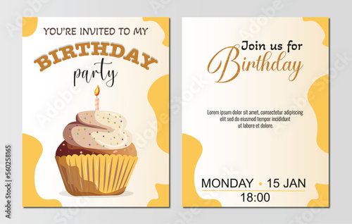 Birthday Party Invitation Card Template with yellow cake and candle