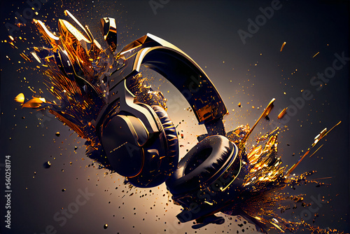 Diseño para evento musical y fiesta dj. Auriculares y explosión de volumen con purpurina y ondas sonoras. Concepto de música electrónica y festival de música tecno. Generado por Ai.