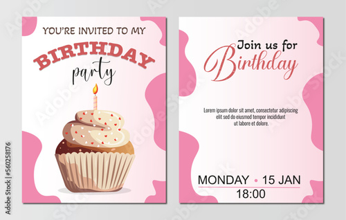 Birthday Party Invitation Card Template with pink cake and candle