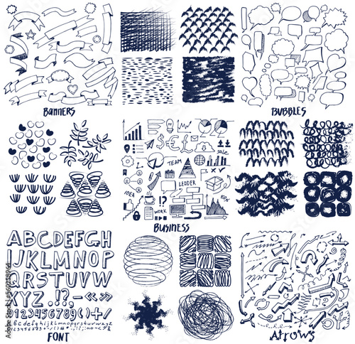 Hand drawn doodle abstract pattern in dark and white style, texture background. Series of figures of different shape, modern textile fabric. Wallpaper, wrapping paper design, set of curved lines