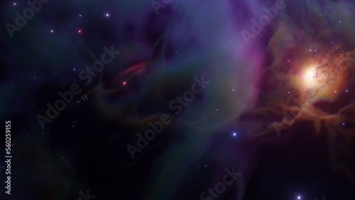 Infinite space background with nebula galaxy with red and blue glowing clouds and stars. Abstract cosmos background. 