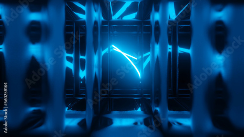 3d render. Neon ray flies in mirror room reflected in numerous mirrors. Abstract neon light in a shiny room.
