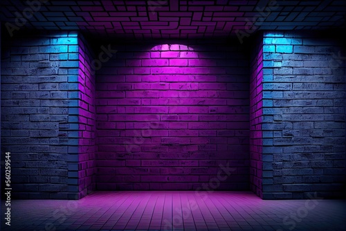 Modern futuristic neon brick wall In empty room. Blue and purple light wallpaper background.