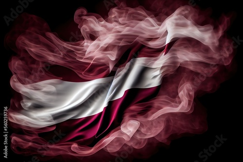 National flag of Latvia in the form of red and white color smoke. Generative AI art isolated on black background.