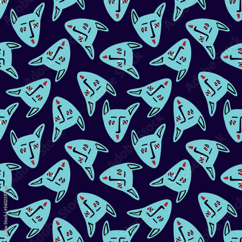 Pattern with Funky cat with a lovely face. Freaky comic cat face. Bizarre Valentine's Day pattern