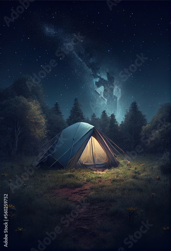 Camping in a clearing under the stars, illuminated tent. Generative AI.