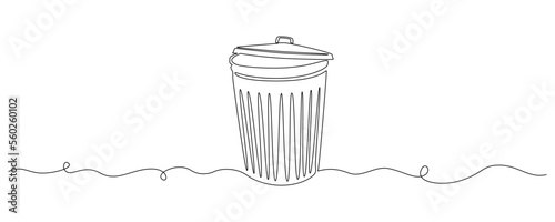 One continuous line drawing of metallic garbage container. Recycling waste dustbin in simple linear style. Trash box with opened lid and empty space in editable stroke. Doodle vector illustration