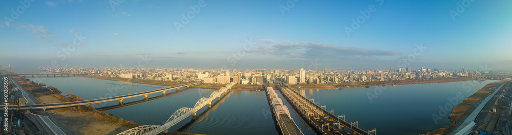 Panoramic view of bridges across wide river to sprawling city in early morning
