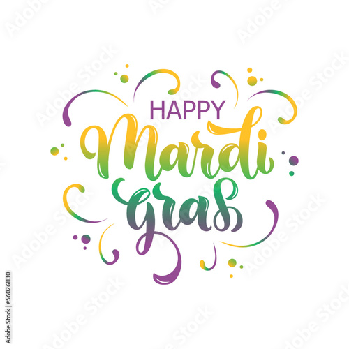 Mardi Gras (meaning Fat Tuesday) lettering card. Hand drawn text. Modern brush ink calligraphy isolated on white background with colorful splashes. Vector illustration as greeting card, poster, banner