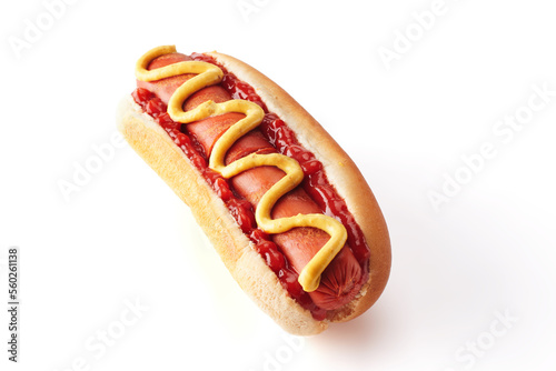 hot dog with ketchup and mustard, isolated on white background